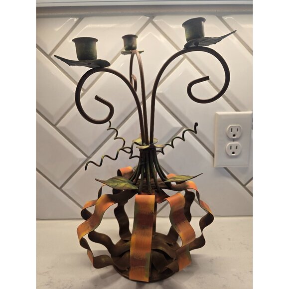 Vintage Metal Pumpkin Candelabra With Swirling Design - Picture 2 of 2